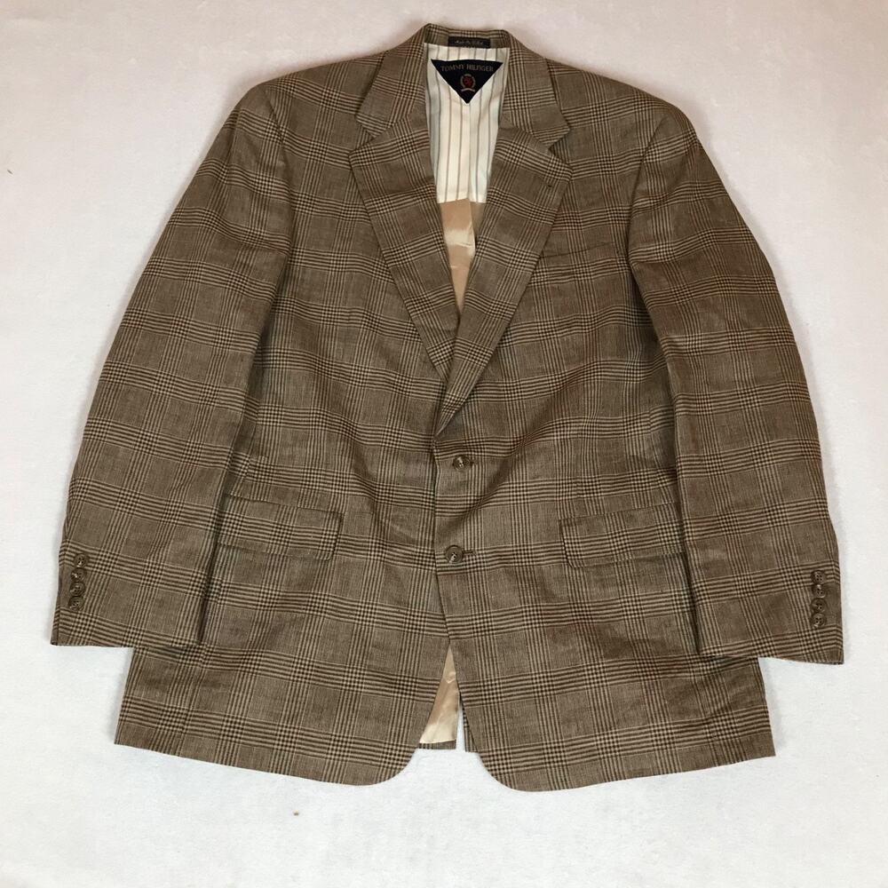 Vintage 80s Tommy Hilfiger Houndstooth Plaid Union Made In USA Brown Blazer 44L